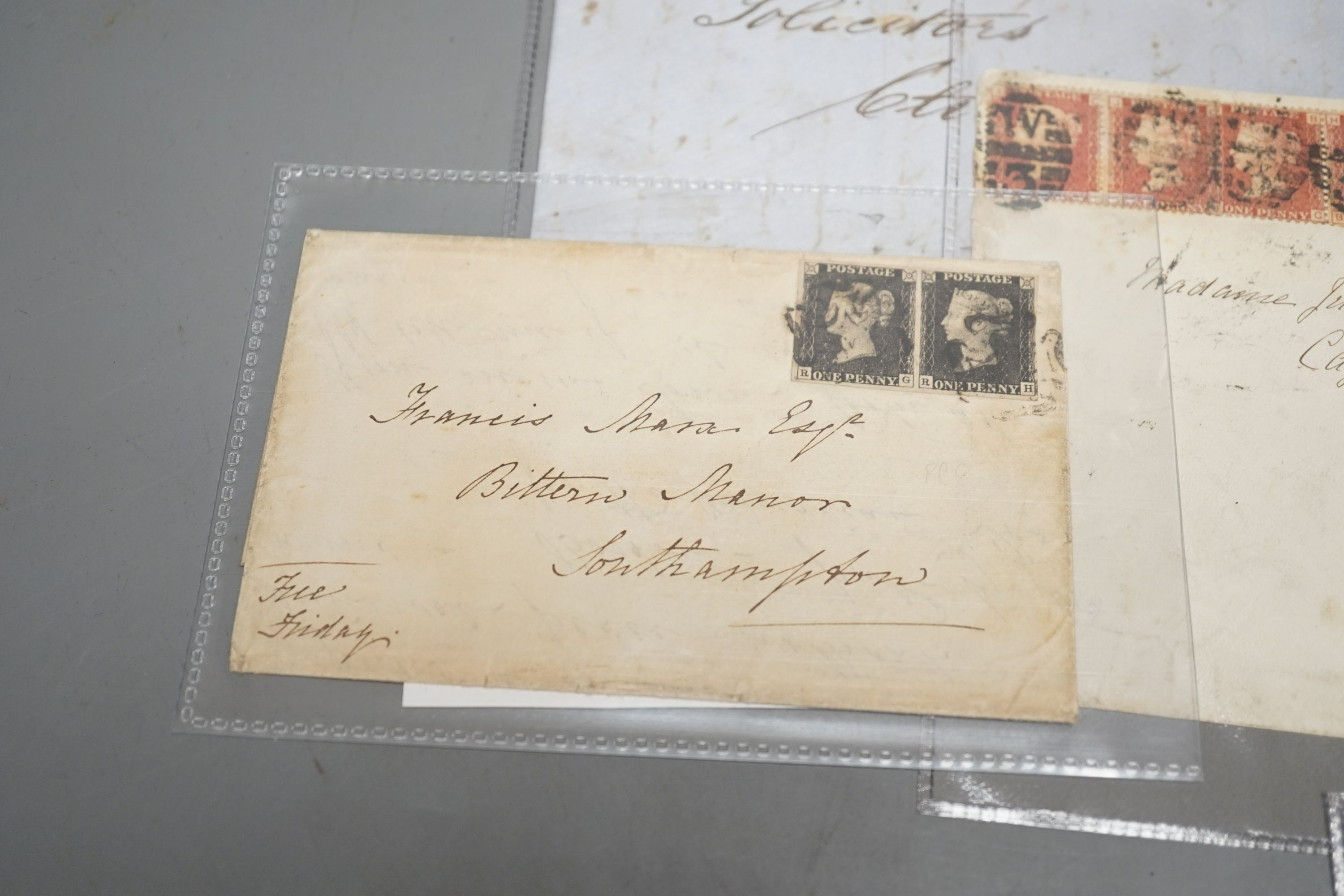 Great Britain group of seven covers with Dec. 1840 1d black plate 4, Feb. 1841 1d black, pair plate 8 to Southampton, Apr. 1841 1d black plate 7, 1856 2d blue. Two large covers with 1d reds and 1858 2d blue. 1858 pair 4d
